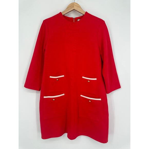 Tuckernuck Francoise Mod Mini Dress Crew Neck 3/4 Sleeve Gold Button Shift, Red - Picture 5 of 12